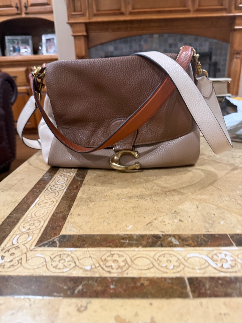 Coach Colorblock Pebbled Leather Shoulder Bag Brown Cream Taupe